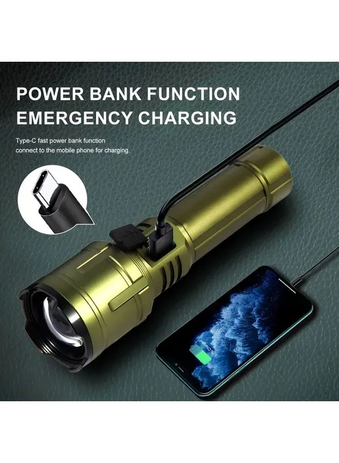 مصباح كاشف LED ألومنيوم فائق السطوع باللون الأخضر، قابل لإعادة الشحن عبر USB، مزود بوظيفة تكبير/تصغير مصدر الضوء للتركيز، مثالي لإشعال النار للأغراض الخارجية، شحن من نوع C، بطارية كبيرة بسعة 5000 مللي أمبير في الساعة، دعم خرج الطاقة، إضاءة طارئة، تصميم مضغوط، هيكل متين، مصباح يدوي قابل لإعادة الشحن للاستعداد للطوارئ. - Image 5