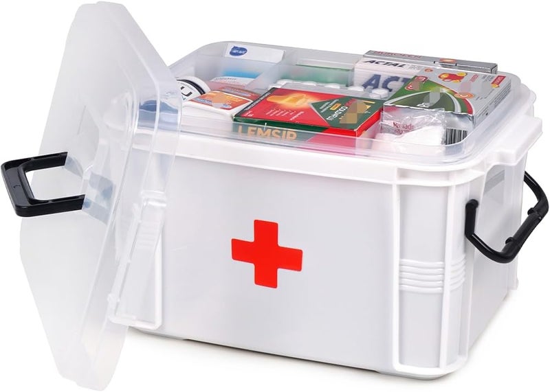 HEY FOLY 15qt White Medicine Organizer Storage Box with Tray, Plastic First Aid Box Empty, Thickened Medicine Container Chest, Multipurpose Medical Case with Labels, Medicine Caddy with Lids Handles - Image 1
