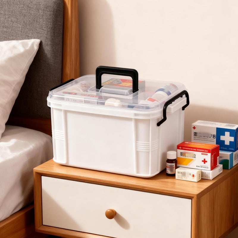HEY FOLY 15qt White Medicine Organizer Storage Box with Tray, Plastic First Aid Box Empty, Thickened Medicine Container Chest, Multipurpose Medical Case with Labels, Medicine Caddy with Lids Handles - Image 2