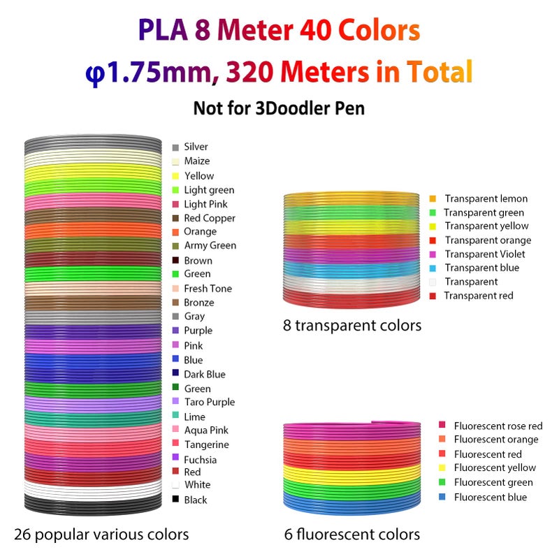 dikale 3D Pen Filament 1.75mm PLA Refills 40 Colors, Each Color 8 Meters(26 Feet), Total Length 320m(1050 Feet), 250 Stencils eBooks, Safe for Kids to Create Stunning 3D Art with 40 Vibrant Colors - Image 2