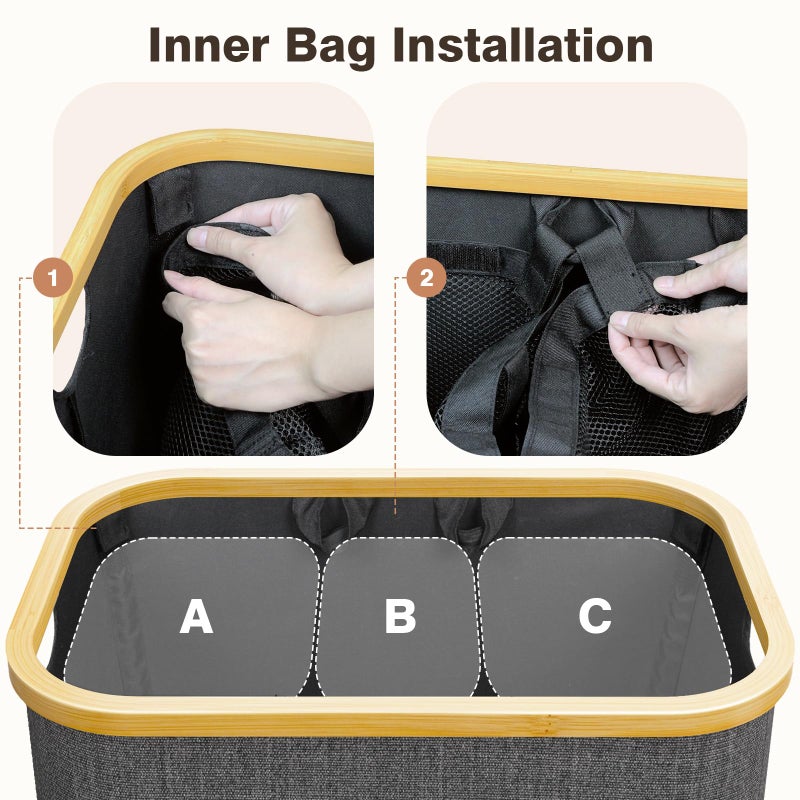 Bathola Hampers for Laundry Basket with Lid, 145L Extra Large 3 Section Clothes Divided Organizer for Bedroom, Laundry Room, Dirty Clothing Hamper, Black - Image 2