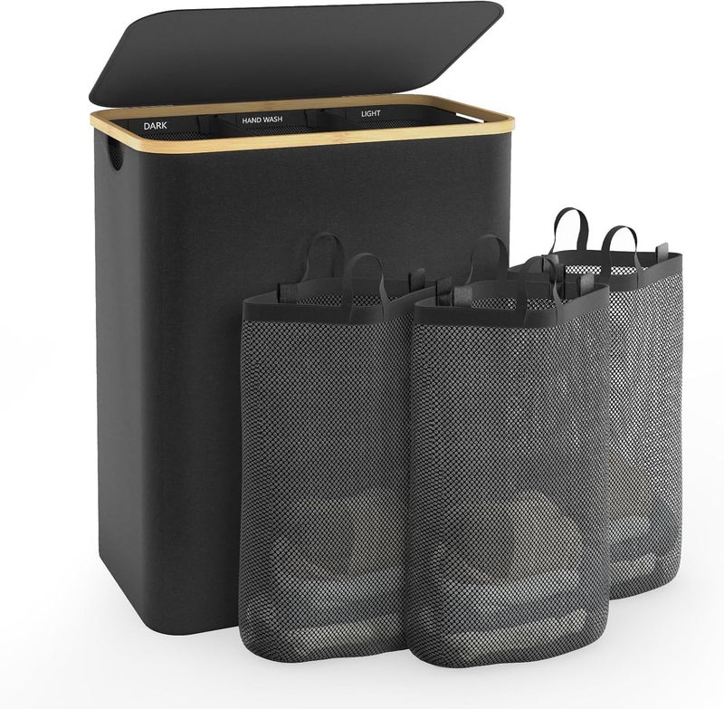 Bathola Hampers for Laundry Basket with Lid, 145L Extra Large 3 Section Clothes Divided Organizer for Bedroom, Laundry Room, Dirty Clothing Hamper, Black - Image 1