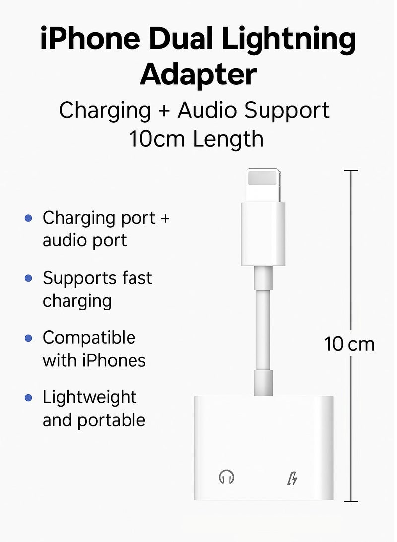 iPhone Dual Lightning Adapter – Charging + Audio Support – 10cm – White  - Image 2