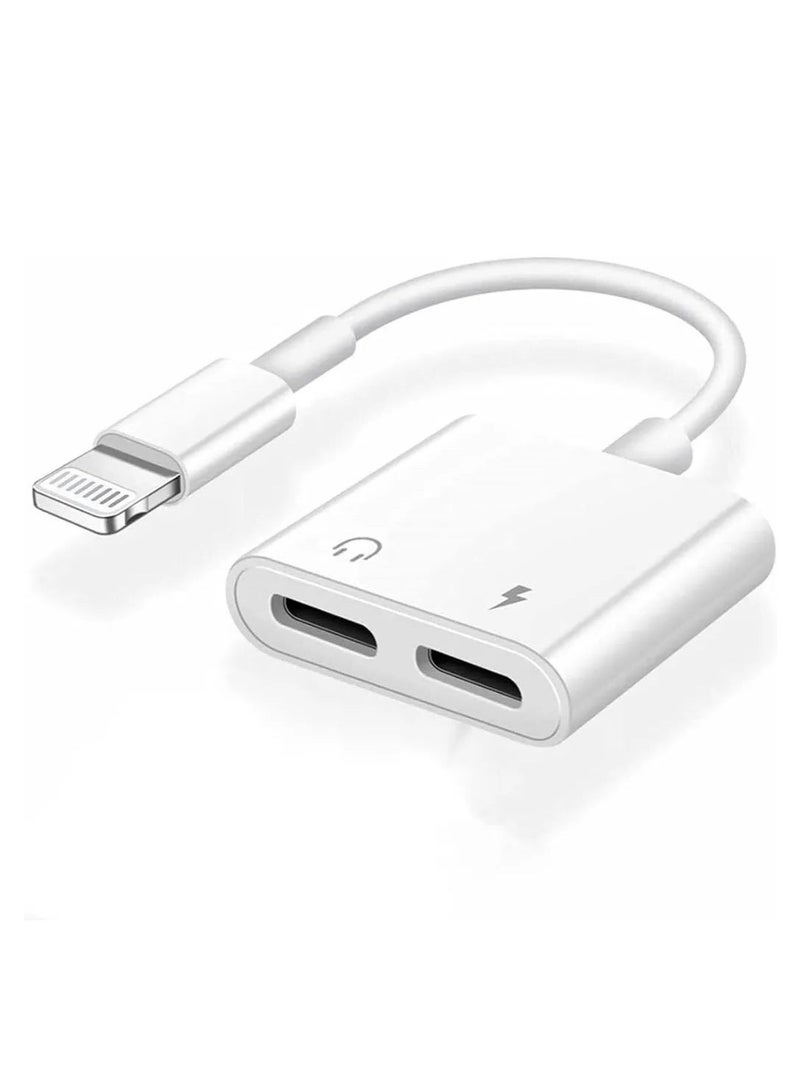iPhone Dual Lightning Adapter – Charging + Audio Support – 10cm – White - Image 1