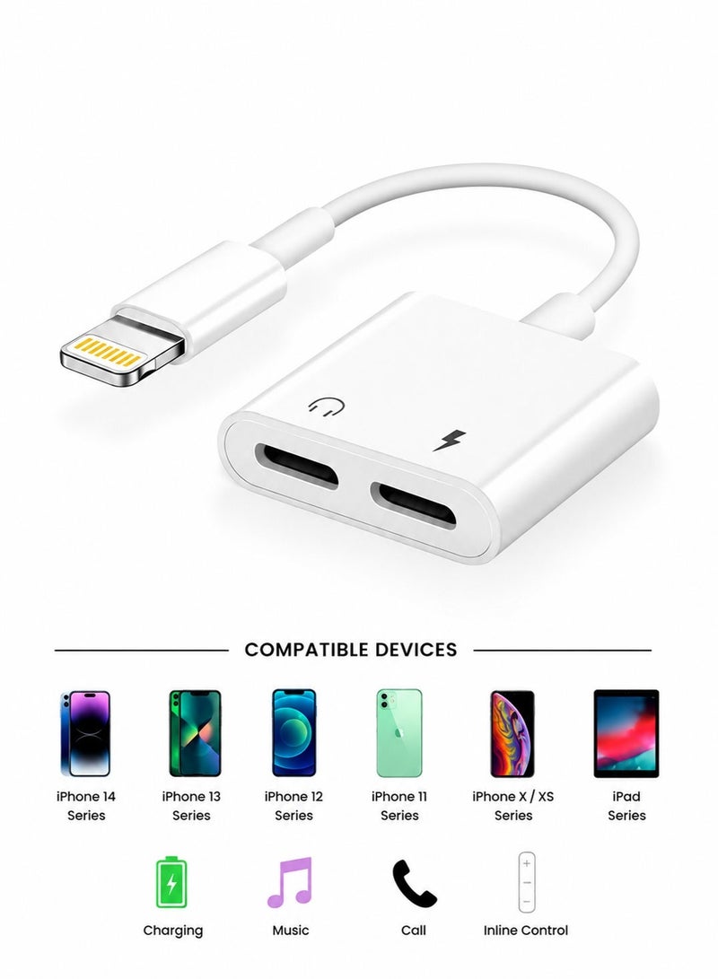 Topus 2-in-1 Lightning Adapter for iPhone – Charge & Audio Support – Dual Lightning Ports – White – Compatible with iPhone & iPad - Image 2