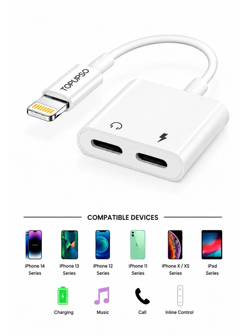 Topus 2-in-1 Lightning Adapter for iPhone – Charge & Audio Support – Dual Lightning Ports – White – Compatible with iPhone & iPad - Image 1