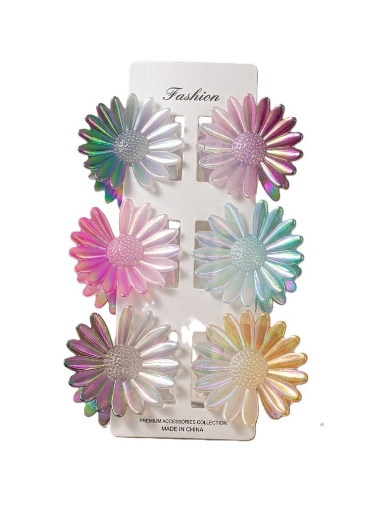 6-Piece Holographic Daisy Flower Hair Clips Set, Assorted Iridescent Colors
