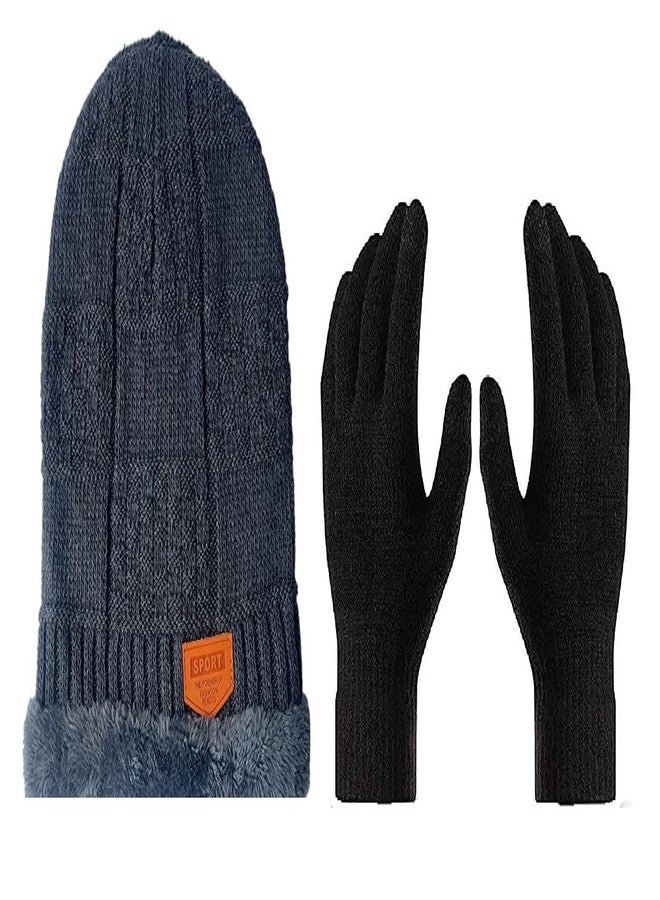 ATABZ Woolen Beanie Winter caps with Gloves Combo Pack Dark Grey for Men and Women - Image 2
