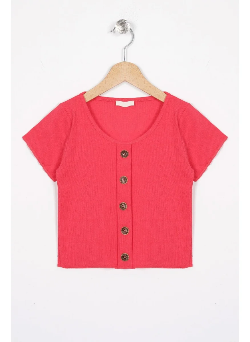 زيبكيدز Crew Neck Short Sleeve Ribbed Pink Color Girls T-shirt