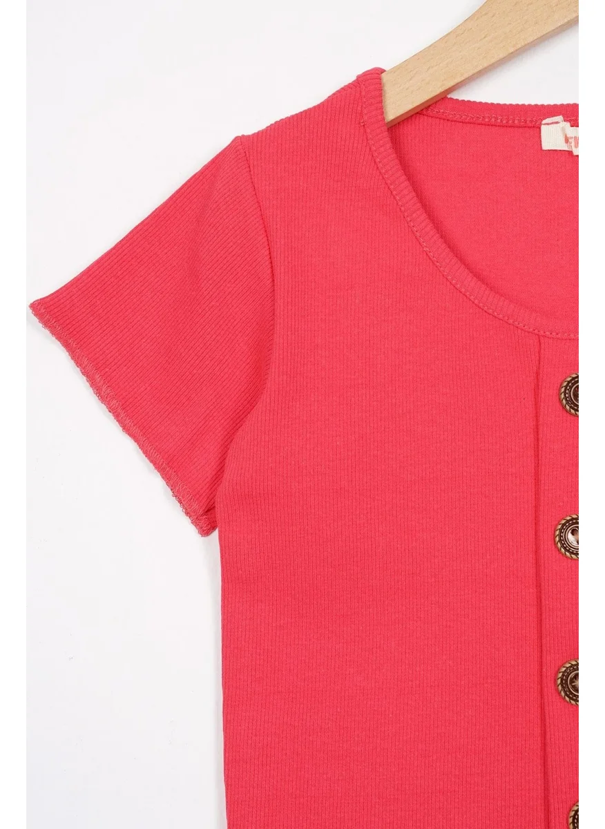زيبكيدز Crew Neck Short Sleeve Ribbed Pink Color Girls T-shirt