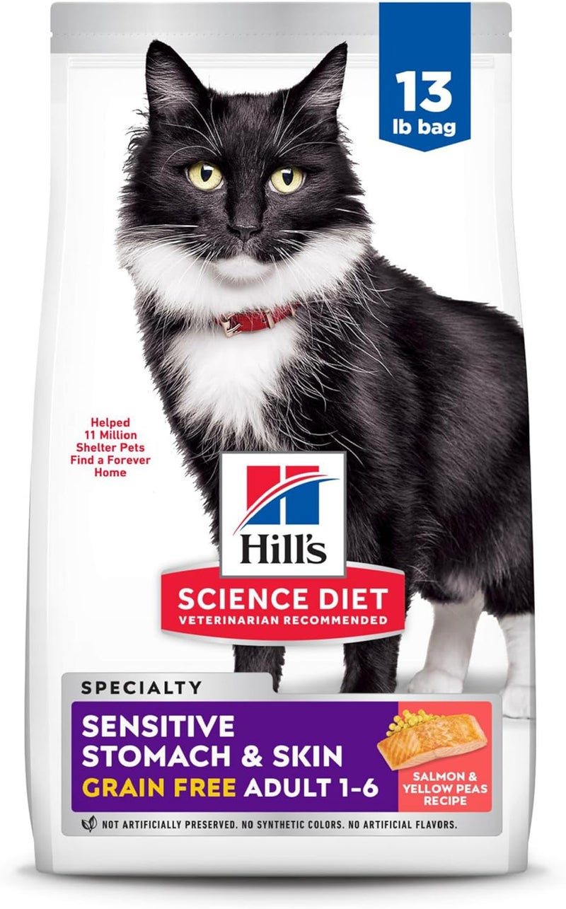 Hills Science Diet Sensitive Stomach  Skin Adult 16 Stomach  Skin Sensitivity Support Dry Cat Food Grain Free Salmon  Yellow Peas 13 lb Bag - Image 1
