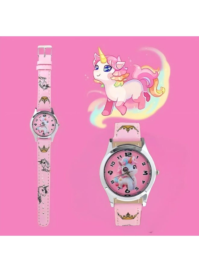 UNICORN ساعة كارتون للبنات على شكل يونيكورن، ساعة يد كوارتز وردية لطيفة بتصميم يونيكورن سحري، حزام PU ناعم، بطارية متينة، ساعة هدية للأطفال - Image 3