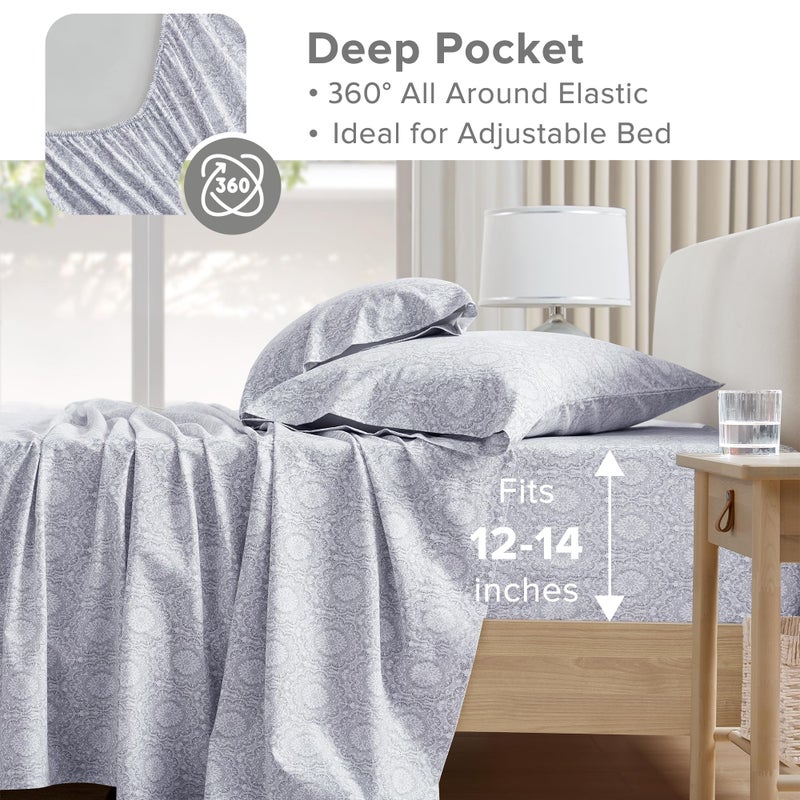 Comfort Spaces Extra Deep Pocket, 100% Cotton Sheets Queen Fits up to 24" Mattress, Breathable, Naturally Cool Cotton, Soft Cotton, All Seasons Sheet Set, Adelia Grey 4 Piece - Image 3