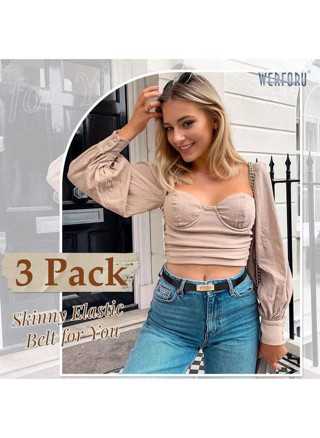 Werforu - 3 Pack Women Skinny Elastic Belt With Gold Buckle Ladies Thin Stretch Waist Belt For Dress Jeans - Image 1