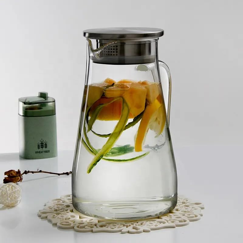 VILON Pack of 2 Borosilicate Glass 1800ML(1.8 Litre) Water Jug with Handle, Juice Beverage Carafe with Stainless Steel Lid, Big Glass Iced Tea Pitcher - Image 4