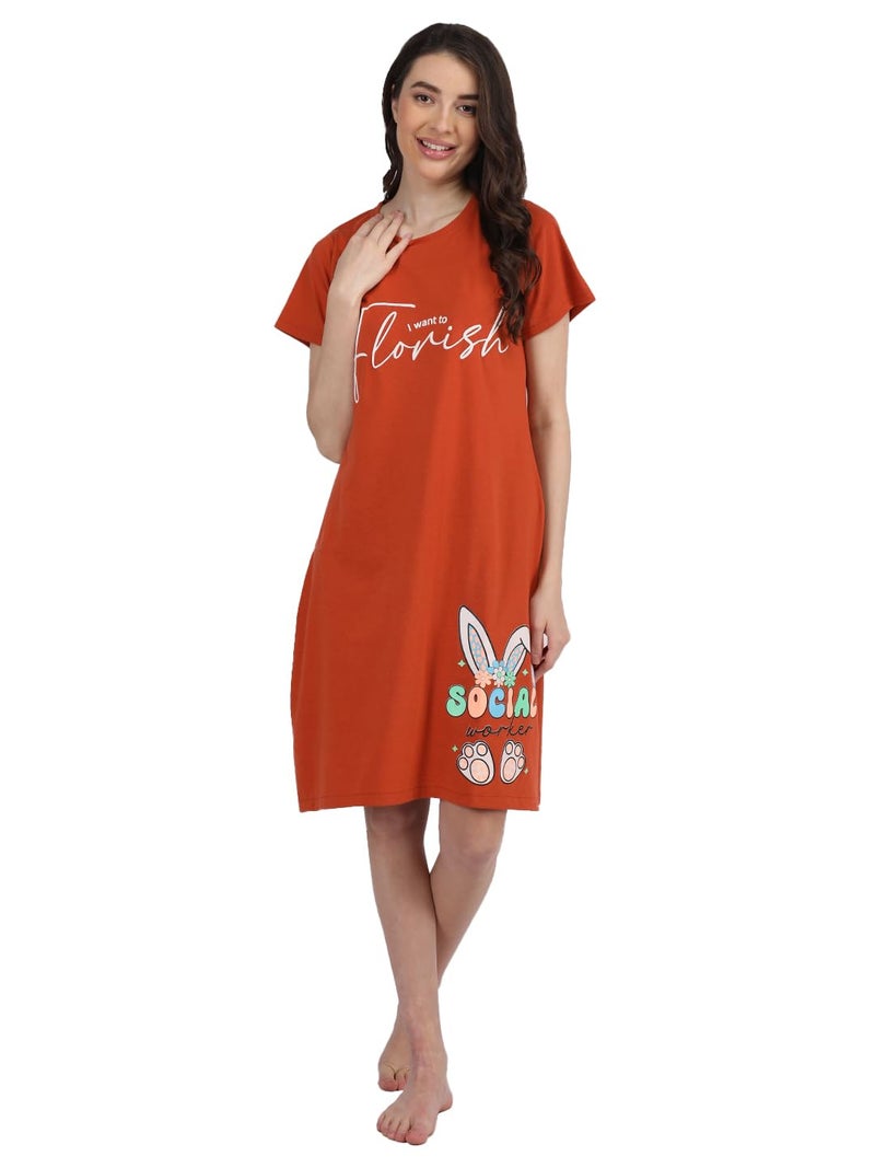 Duchess Cotton Printed Knee Length Nighty for Women Light-Rust - Image 1