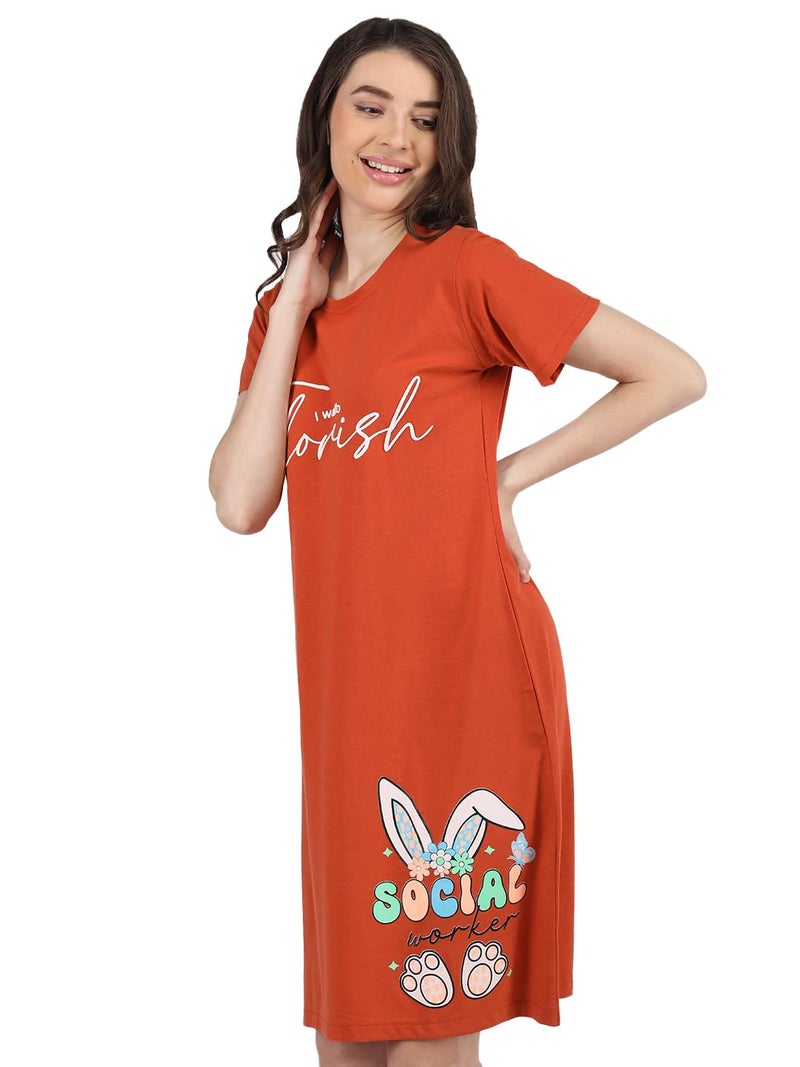 Duchess Cotton Printed Knee Length Nighty for Women Light-Rust - Image 5