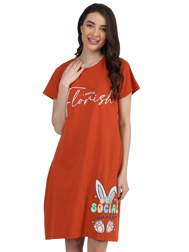 Duchess Cotton Printed Knee Length Nighty for Women Light-Rust - Image 4