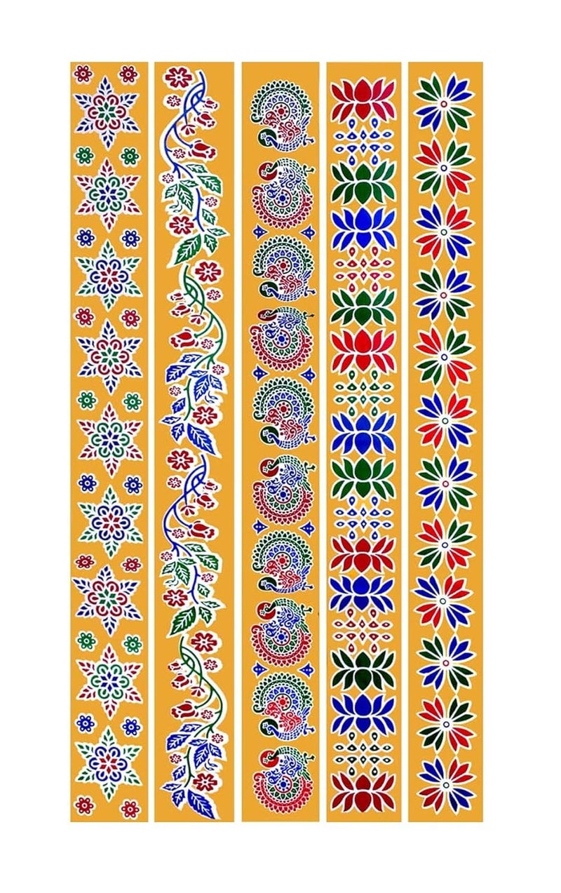 Asfaa Enterprises Rangoli Kolam Stickers Traditional Designs for Door Entrance Floor Tiles Stickers 30x2 inch Pack of 5pics Color Border  - Image 1