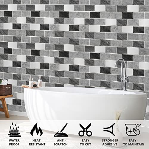 URCOLOR 10-Sheet Subway Tile Peel and Stick Backsplash for Kitchen,12"x12" Self Adhesive Wall Tiles Sticker on Back Splashes for Bathroom Gray Marble Design - Image 3