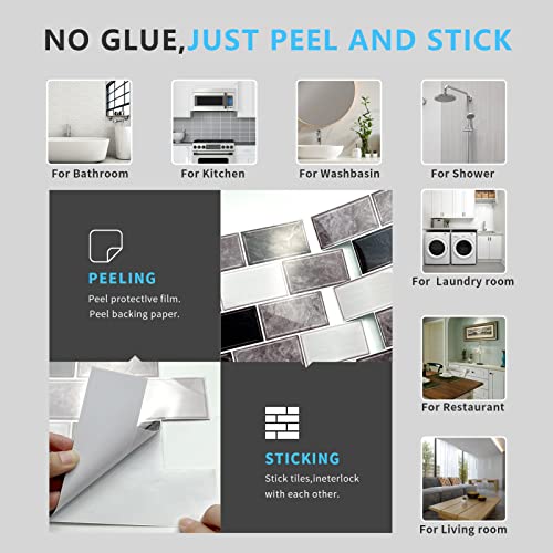 URCOLOR 10-Sheet Subway Tile Peel and Stick Backsplash for Kitchen,12"x12" Self Adhesive Wall Tiles Sticker on Back Splashes for Bathroom Gray Marble Design - Image 4