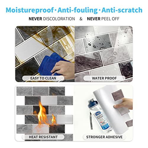 URCOLOR 10-Sheet Subway Tile Peel and Stick Backsplash for Kitchen,12"x12" Self Adhesive Wall Tiles Sticker on Back Splashes for Bathroom Gray Marble Design - Image 5