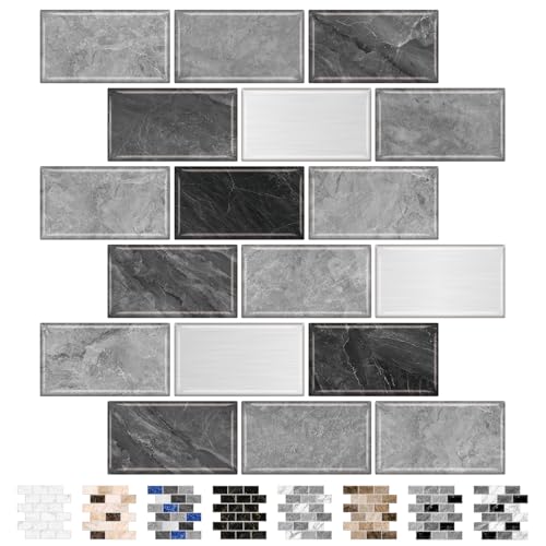 URCOLOR 10-Sheet Subway Tile Peel and Stick Backsplash for Kitchen,12"x12" Self Adhesive Wall Tiles Sticker on Back Splashes for Bathroom Gray Marble Design - Image 1
