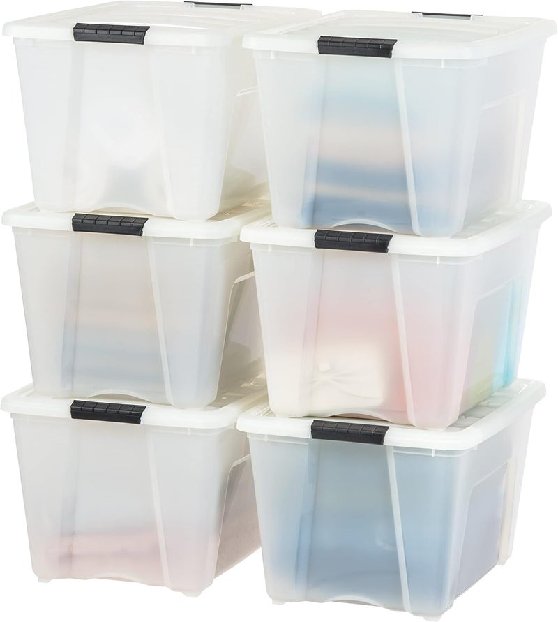 IRIS USA 54 Qt Stackable Plastic Storage Bins with Lids 6 Pack  BPAFree Made in USA  Discreet Organizing Solution Latches Durable Nestable Containers Secure Pull Handle  Pearl