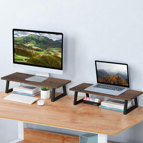 TEAMIX 24 inch Monitor Stand Riser, Rustic Brown Wood & Steel Computer Monitor Stand with Storage, Laptop, PC, Printer Stand Riser for Desktop Office Desk Organizers - Image 2