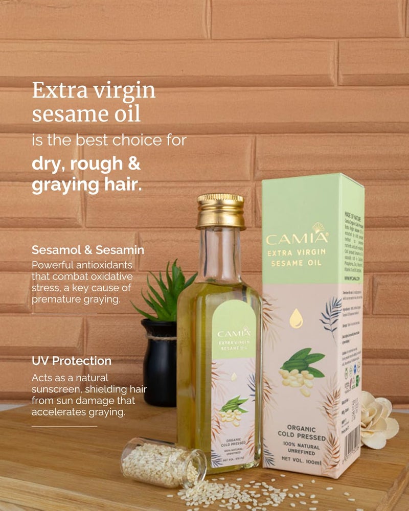 CAMIA Premium Sesame Oil for Skin & Hair Care (Til/Gingelly) | Organic & Cold Pressed Oil | 100% Natural & Preservatives Free | Body Massage & Hair Oil | 100 ML Glass Bottle - Image 5
