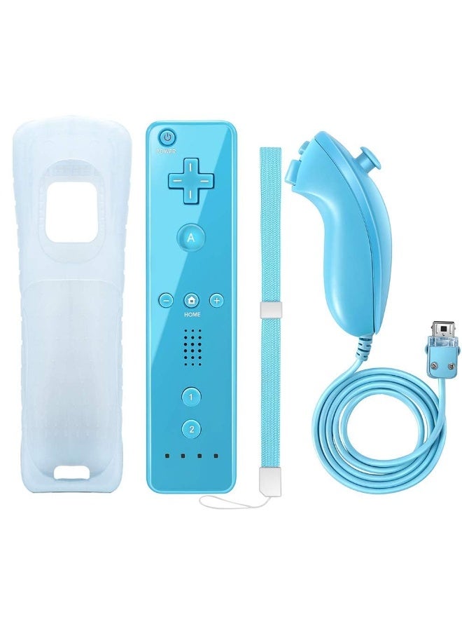 Remote Controller and Nunchaku Controller Replacement for Wii Remote Controller,Built in 3-axis Motion Sensor,Compatible with Nintendo Wii/Wii U,with Silicone Case and Wrist Strap (Blue 1set) - Image 1