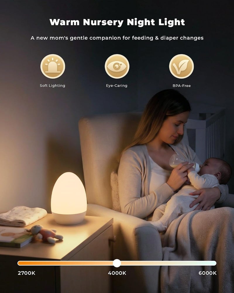 Tobeape Rechargeable Touch Table Lamp Night Light, Portable Sensor Control Bedside Lamp for Bedroom with 3 Color Temps, Stepless Dimming & 12 RGB Color, Egg Night Lamp for Kids Baby Nursery (White) - Image 2