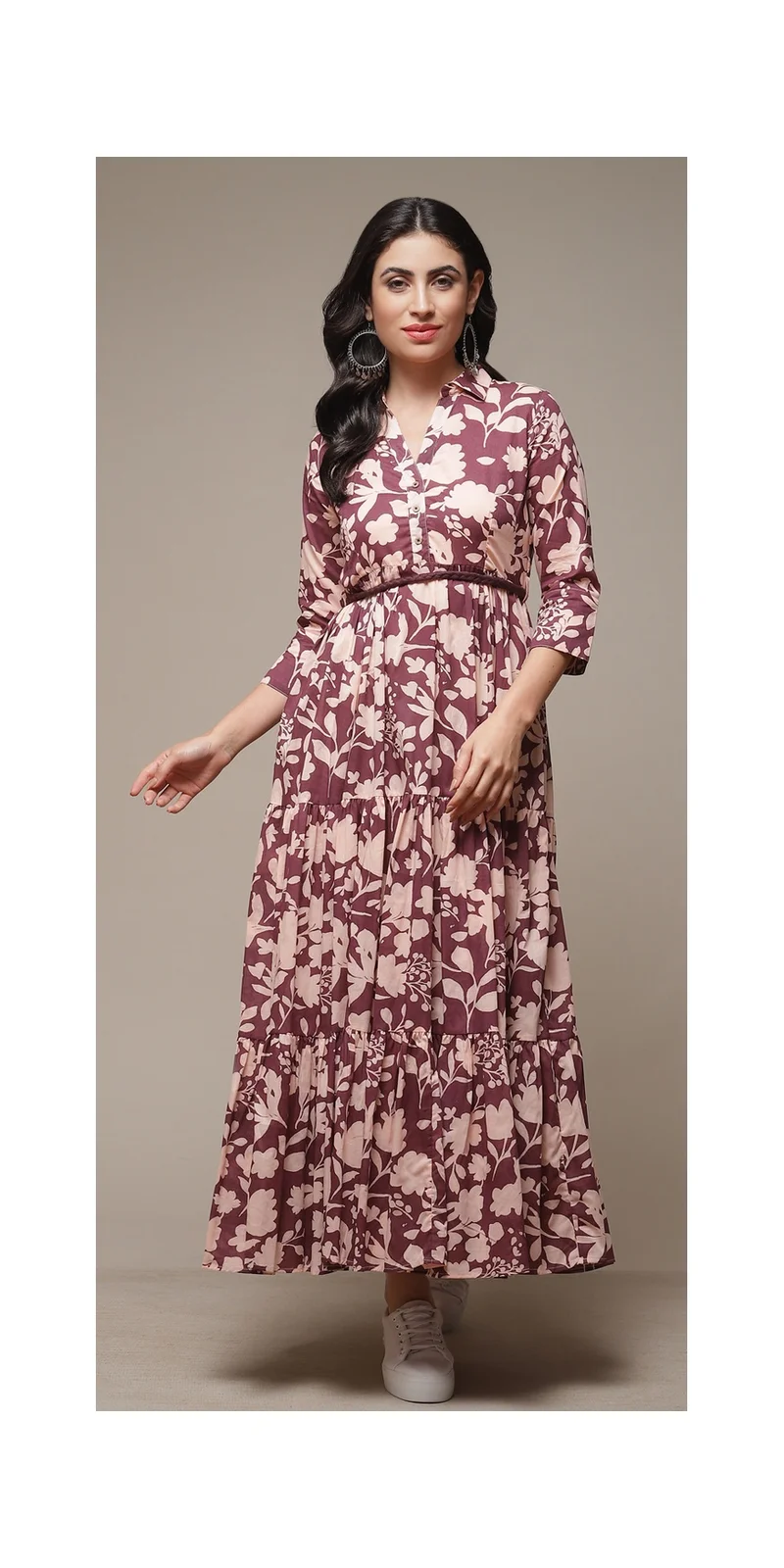 Biba Purple Cotton Tiered Printed Dress