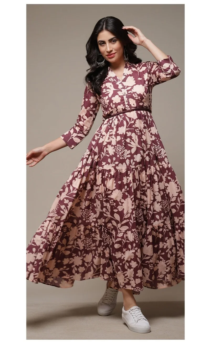 Biba Purple Cotton Tiered Printed Dress