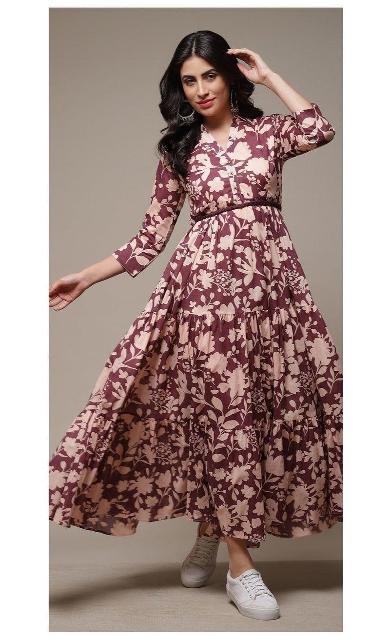 بيبا فستان بنقشة قطنية بنفسجية وطبقات - Image 1