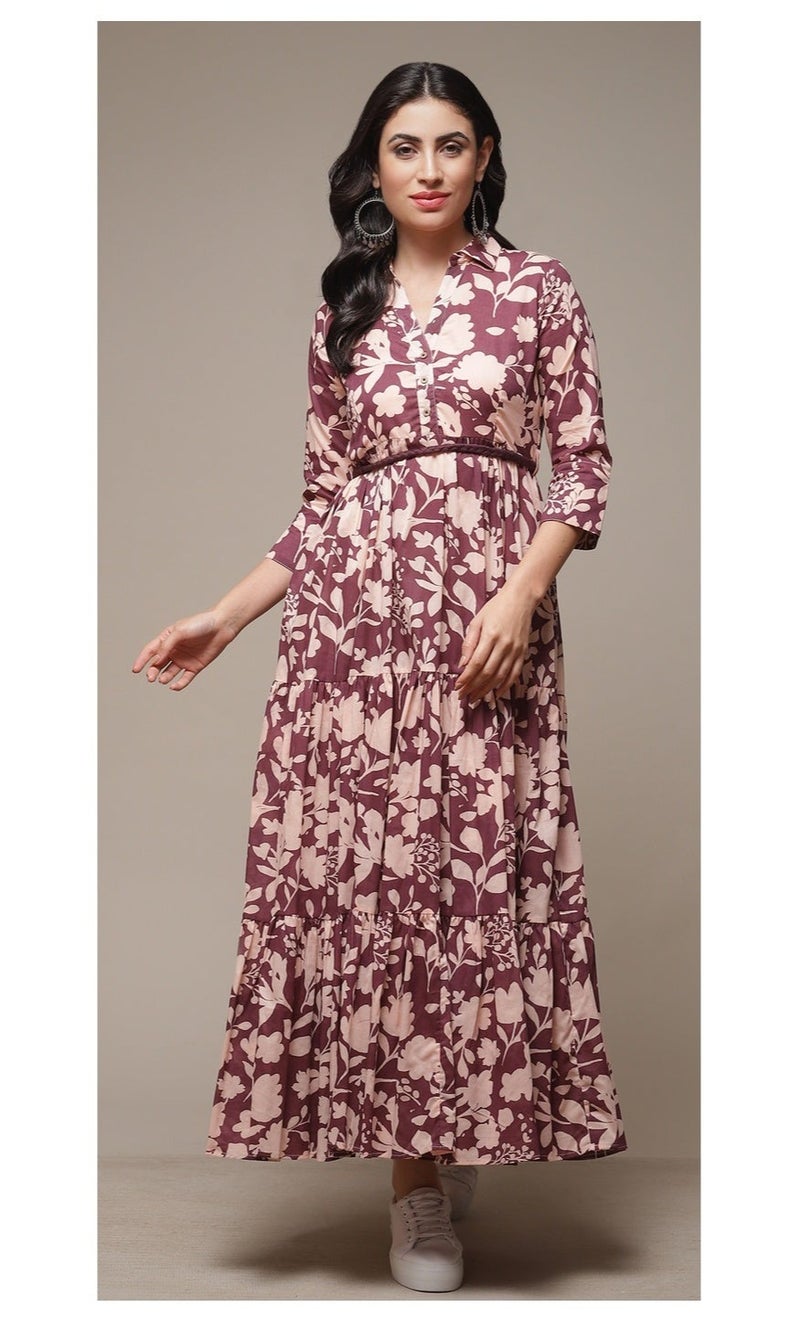 بيبا فستان بنقشة قطنية بنفسجية وطبقات - Image 2