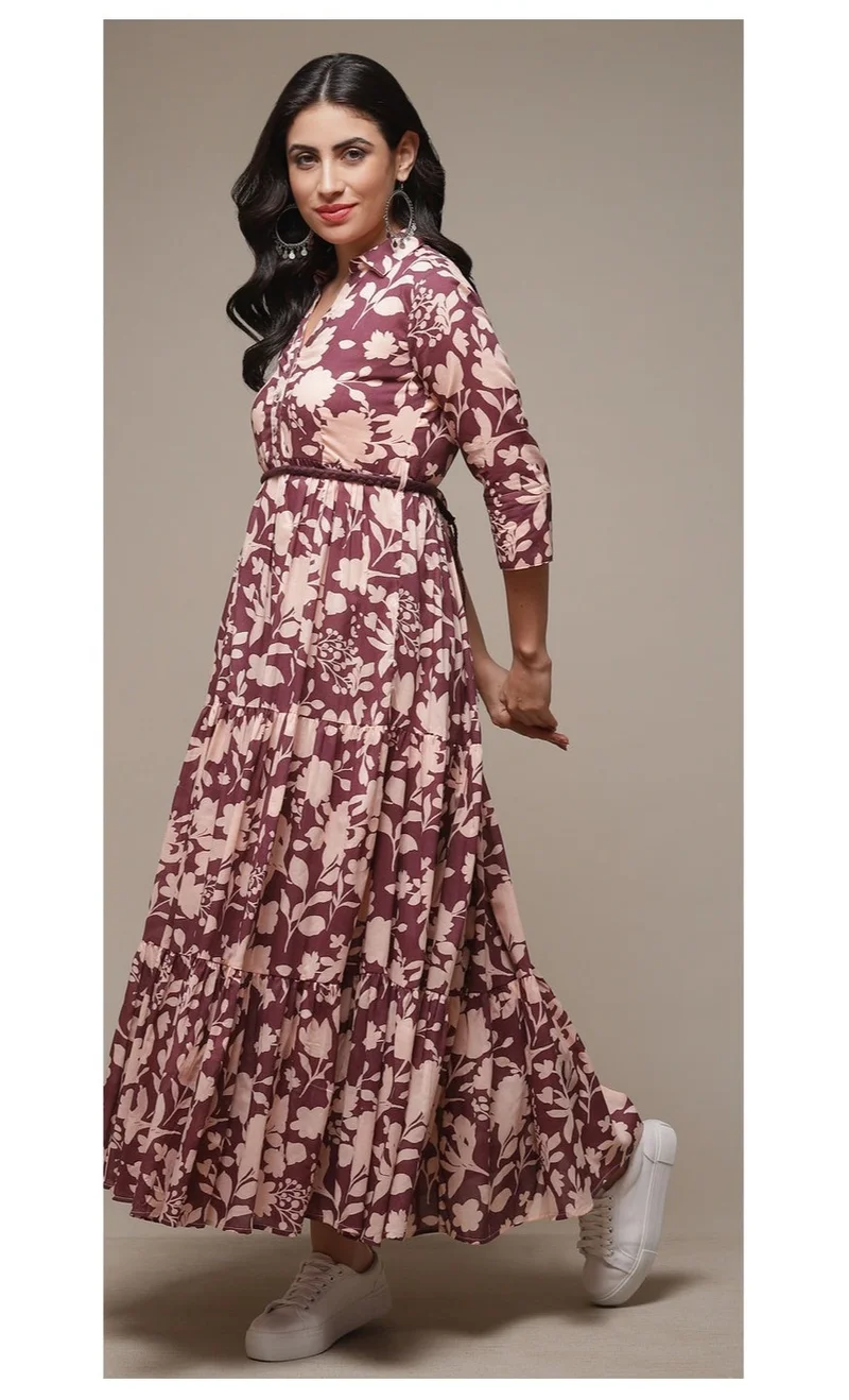 Biba purple Purple Cotton Tiered Printed Dress for Women | Best Price UAE
