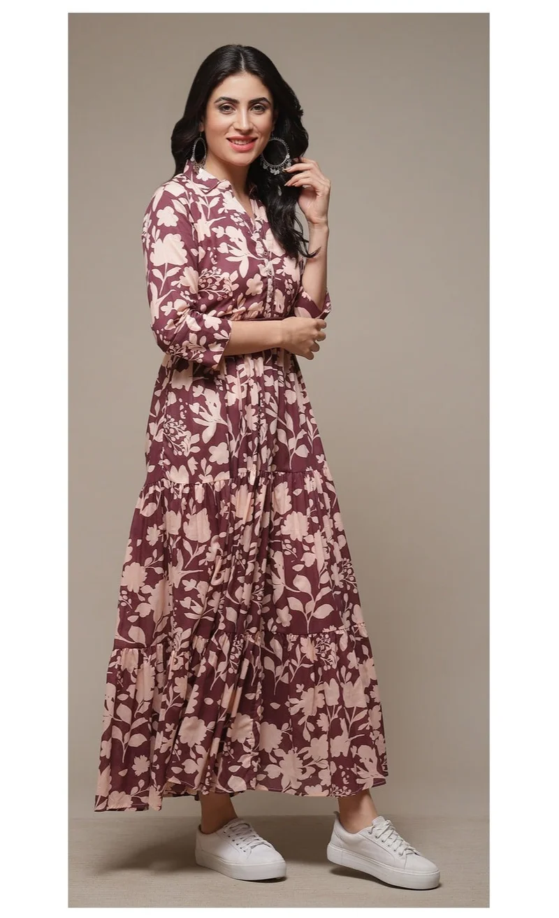 Biba purple Purple Cotton Tiered Printed Dress for Women | Best Price UAE