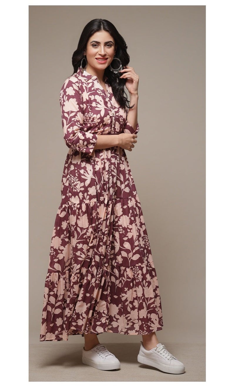 بيبا فستان بنقشة قطنية بنفسجية وطبقات - Image 5