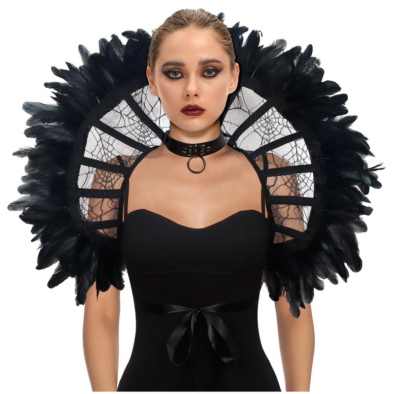 L'VOW Gothic Black Lace Vampire Collar Victorian Stand Up Feather Collar for Women Halloween Masquerade Feather Costume - Image 2