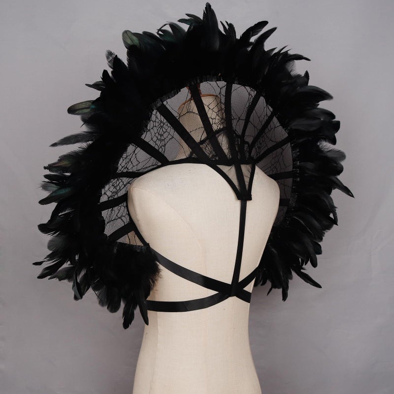 L'VOW Gothic Black Lace Vampire Collar Victorian Stand Up Feather Collar for Women Halloween Masquerade Feather Costume - Image 3