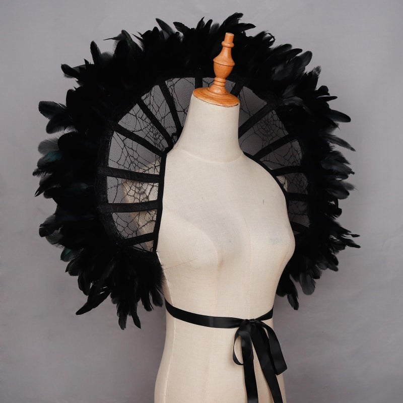 L'VOW Gothic Black Lace Vampire Collar Victorian Stand Up Feather Collar for Women Halloween Masquerade Feather Costume - Image 4
