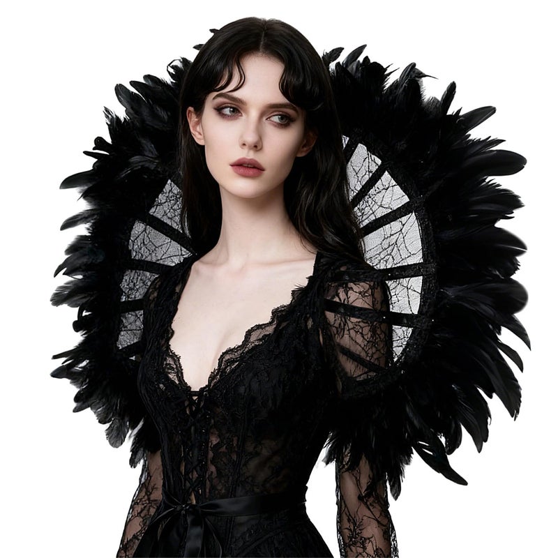 L'VOW Gothic Black Lace Vampire Collar Victorian Stand Up Feather Collar for Women Halloween Masquerade Feather Costume - Image 1