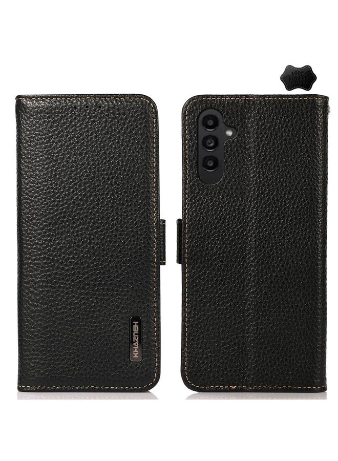 S-TOP Case For Samsung Galaxy A15 KHAZNEH Side-Magnetic Litchi Genuine Leather RFID Phone Case - Image 1