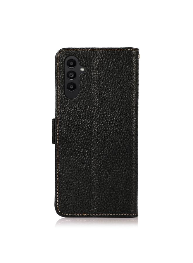 S-TOP Case For Samsung Galaxy A15 KHAZNEH Side-Magnetic Litchi Genuine Leather RFID Phone Case - Image 3