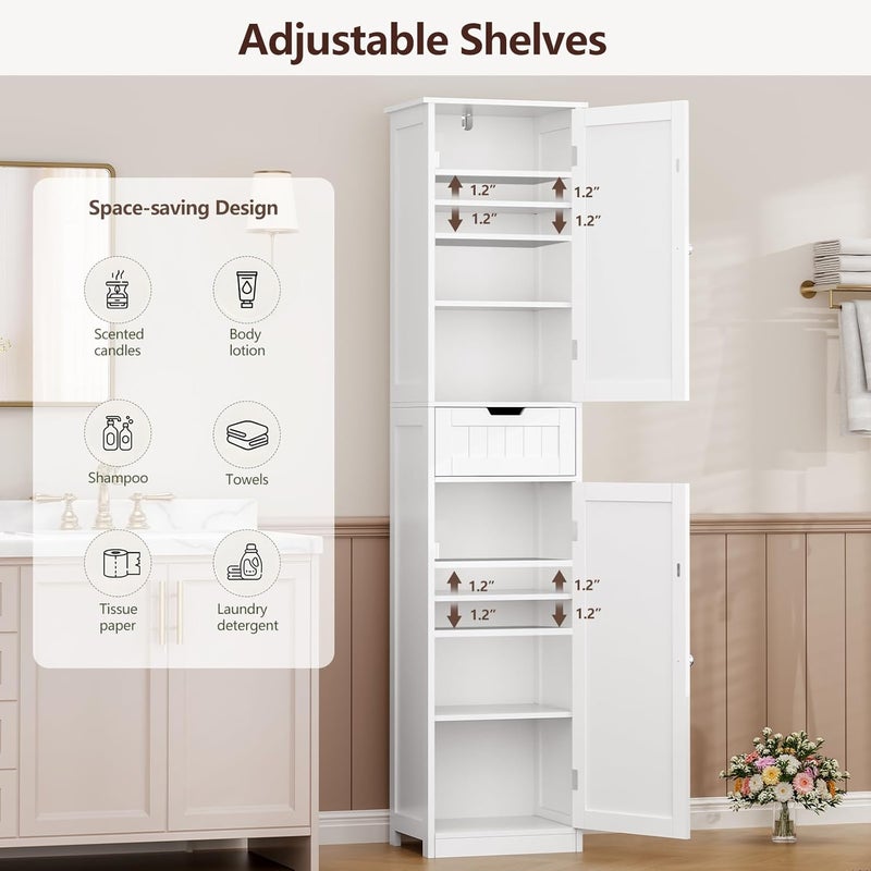 Iwell 67" Tall Bathroom Cabinet, Storage Cabinet with 2 Doors & 1 Drawer, Bathroom Storage Cabinets with Adjustable Shelves, for Living Room, Entryway, Home Office, White - Image 3