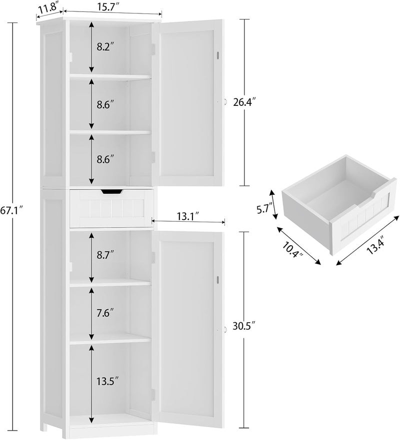 Iwell 67" Tall Bathroom Cabinet, Storage Cabinet with 2 Doors & 1 Drawer, Bathroom Storage Cabinets with Adjustable Shelves, for Living Room, Entryway, Home Office, White - Image 2