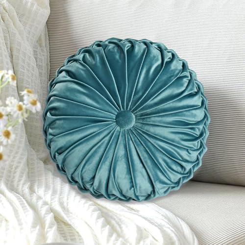 Hi -G HIG Set of 2 Teal Ruched Velvet Round Throw Pillows 145 Decorative Pillows with Soft Polyester Filling for Couch Bed Living Room Bedroom or Dorm Handmade Stress Relieving AllSeason - Image 3