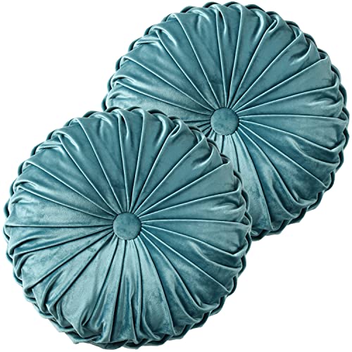 Hi -G HIG Set of 2 Teal Ruched Velvet Round Throw Pillows 145 Decorative Pillows with Soft Polyester Filling for Couch Bed Living Room Bedroom or Dorm Handmade Stress Relieving AllSeason - Image 1
