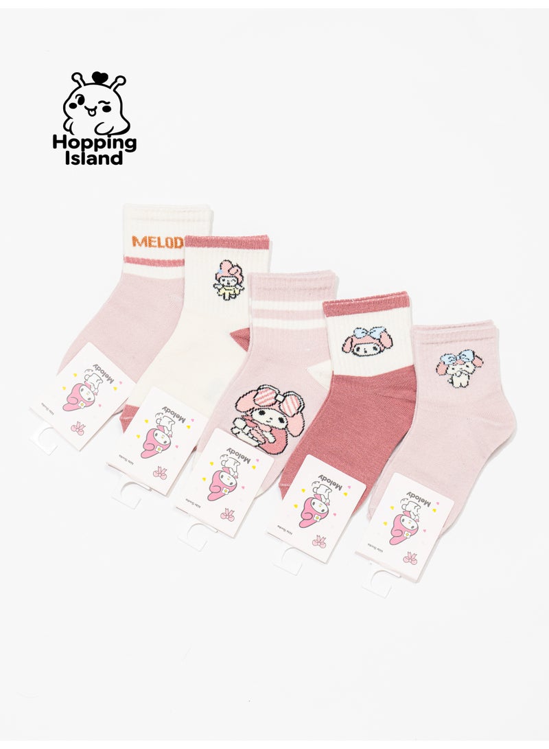 Hopping Island Kids Socks 5Pairs Pink Melody Bunny Pattern Size M [HI] - Image 3